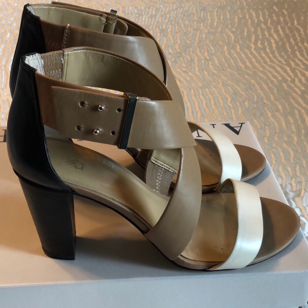 Ann Taylor Tan, Cream, & Black Leather Sandals